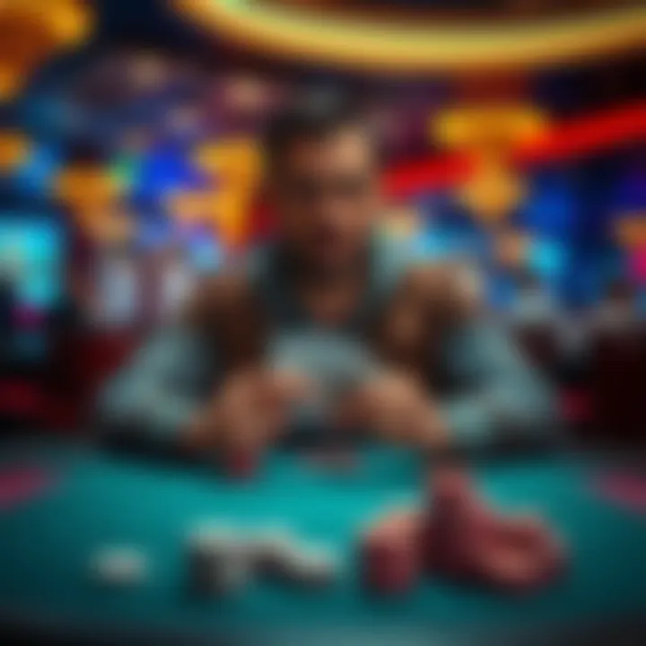 Poker player at a live 1/3 table A poker player looking concerned while seated at a live 1/3 poker table in a casino, with cards in hand and chips stacked in front of him.