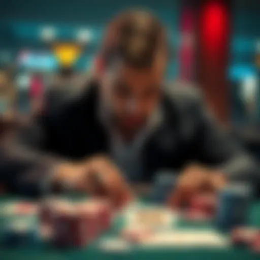 A poker player looks concerned while reviewing their cards and chips at a table, reflecting on recent losses despite winning in general.