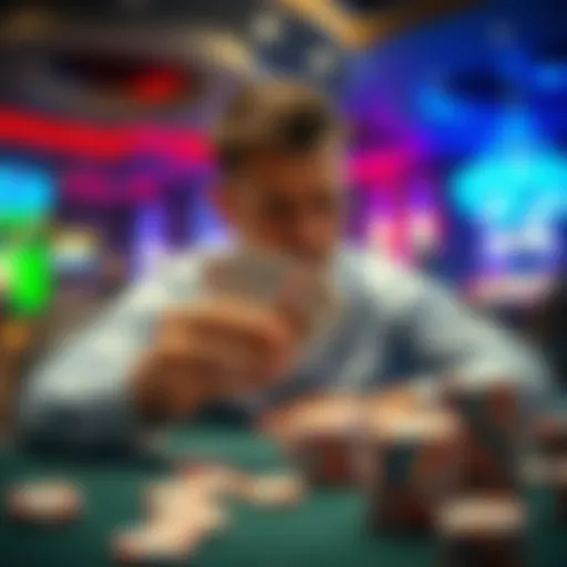 A poker player shows signs of nervousness while holding cards at a casino table