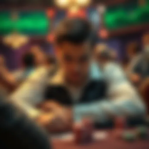 Poker player showing anxious expression A poker player at the table with a nervous expression, trying to hide their embarrassment during an intense game.