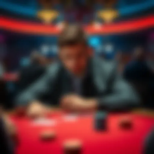 A focused poker player looking at cards and chips on the NL10 table, contemplating their next move