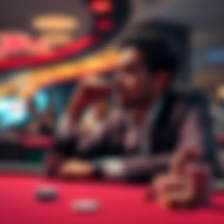 A poker player sits at a table, deep in thought, considering whether to play cash game or participate in a tournament, with chips stacked beside them.