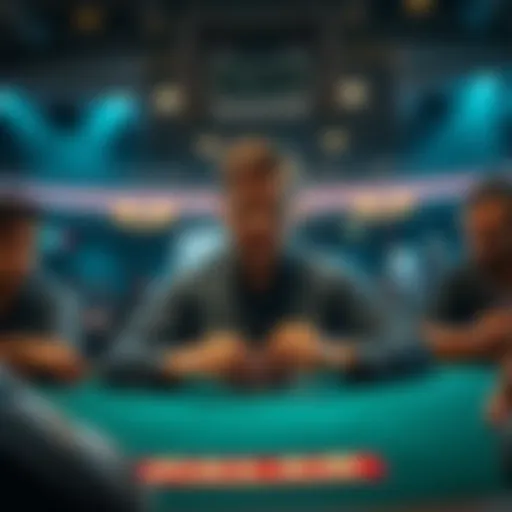 A poker player at a table raises the stakes dramatically, with tense expressions from other players around him.