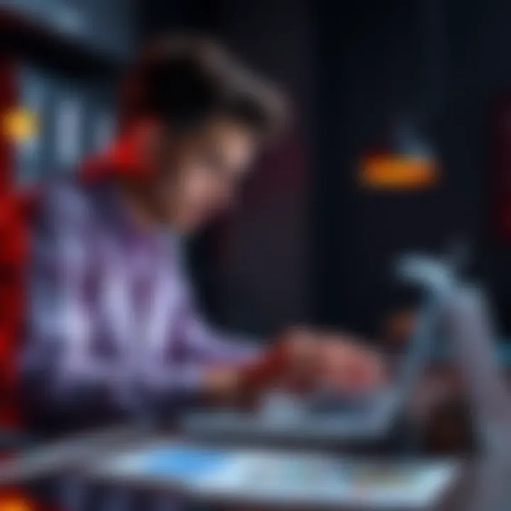 A focused poker player analyzing customized range charts on a laptop in a dimly lit room