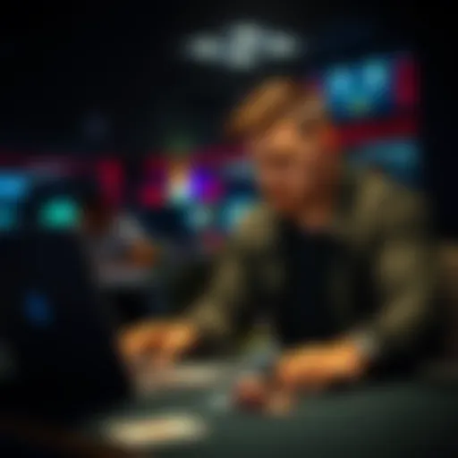 A poker player sitting at a table, looking thoughtful while reviewing their game statistics on a laptop