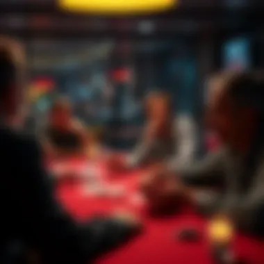 A thoughtful poker player sits at a table, engaged in conversation with friends, showing camaraderie and focus on the game.