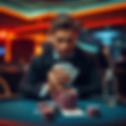 A poker player sitting at a table, looking thoughtful while analyzing their recent bet, cards in hand and chips on the table.