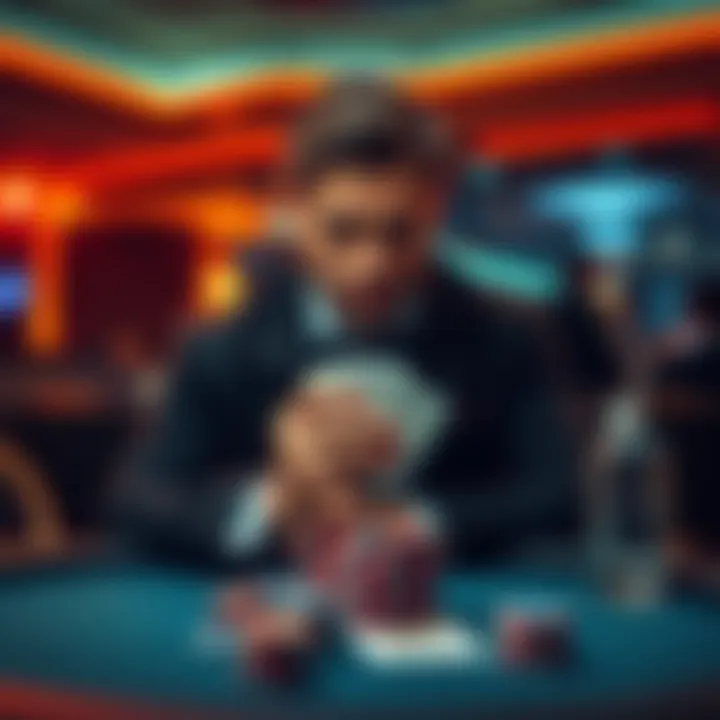 A poker player sitting at a table, looking thoughtful while analyzing their recent bet, cards in hand and chips on the table.