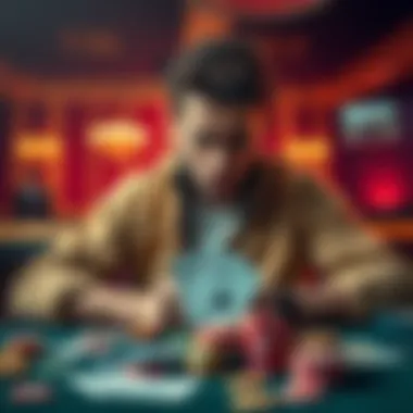 A poker player sits at a table with a frustrated look, surrounded by cards and chips, symbolizing constant defeat in games.