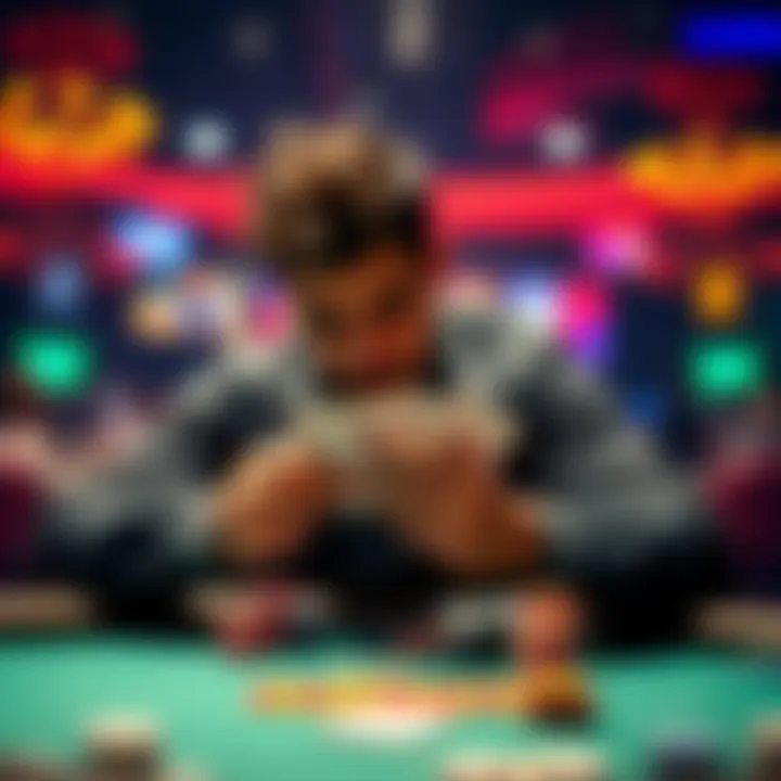 A poker player sitting at a table, deep in thought while holding cards, reflecting on a crucial decision in a game.