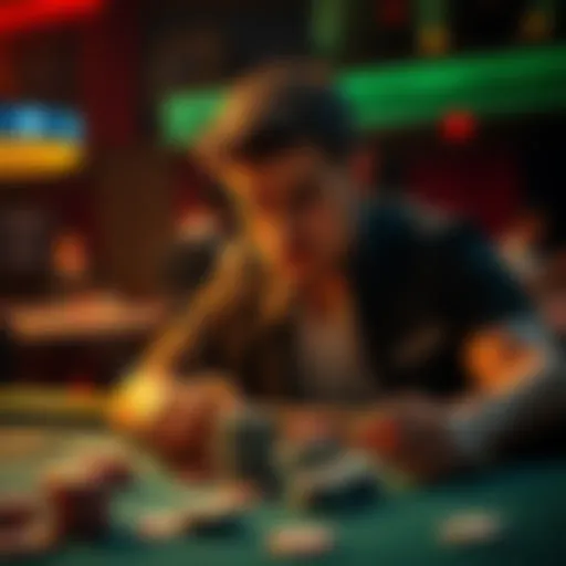 A poker player sitting at a table looking concerned, with poker chips scattered in front of him, pondering a recent failed bluff during a tournament.