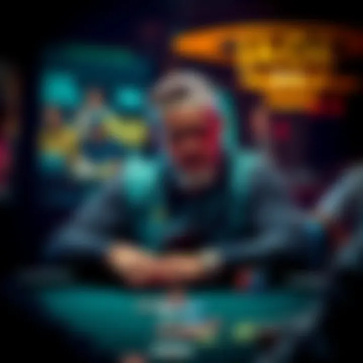 A veteran poker player sitting at a table, deep in thought, analyzing his aggressive play style and strategies during a game