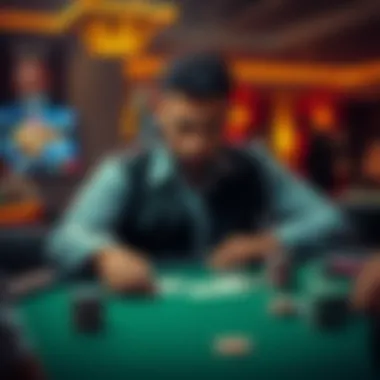 A poker player sitting at a table with cards and chips, looking contemplative about his journey in the game.