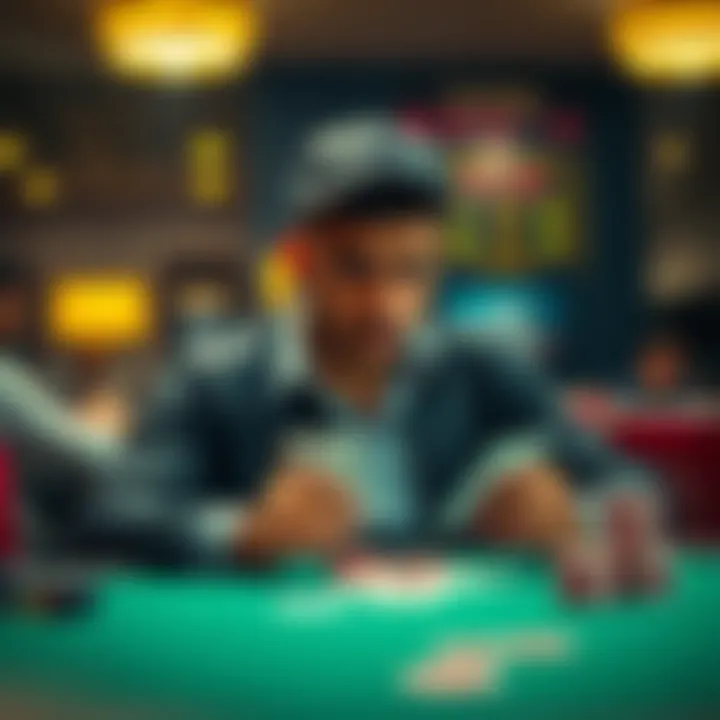 A poker player sitting at a table with cards in hand, looking thoughtful as he contemplates his game strategies and experiences.