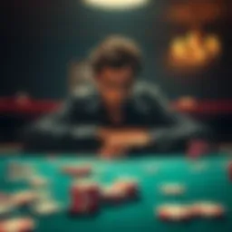 A distraught poker player reflecting on his losses at a table, surrounded by empty chips and a dimly lit room.
