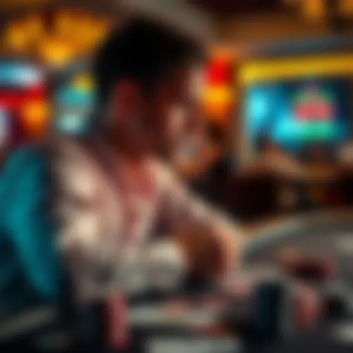 A poker player looking thoughtful at a casino table with cards and chips in front of him