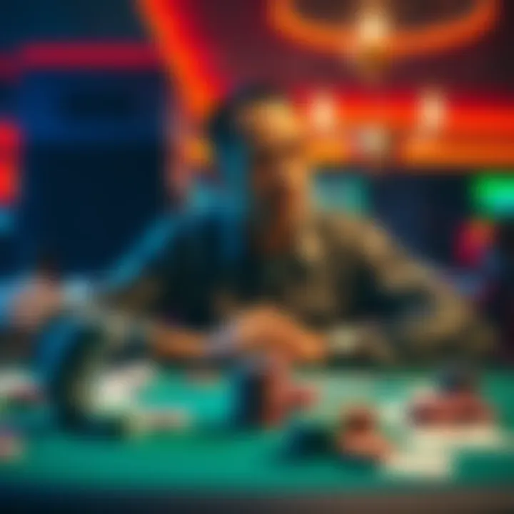 A poker player sitting at a table with a thoughtful expression, surrounded by cards and chips, representing the idea of retirement from the game.