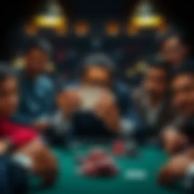 A poker player reveals their cards at a table surrounded by other players looking on with interest.