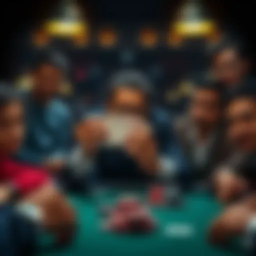 A poker player reveals their cards at a table surrounded by other players looking on with interest.