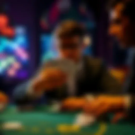 A poker player showing their cards at a table while an opponent looks on, illustrating the rules of revealing cards in poker.