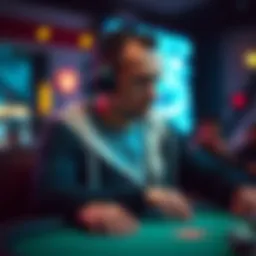 Poker player wearing a single-ear headphone A focused poker player at the table, wearing a single-ear headphone to stay aware of surroundings while playing.
