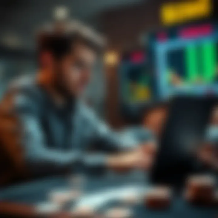 A new poker player reviewing their game statistics after 5000 hands, looking thoughtful and focused at a laptop with poker cards on the table.