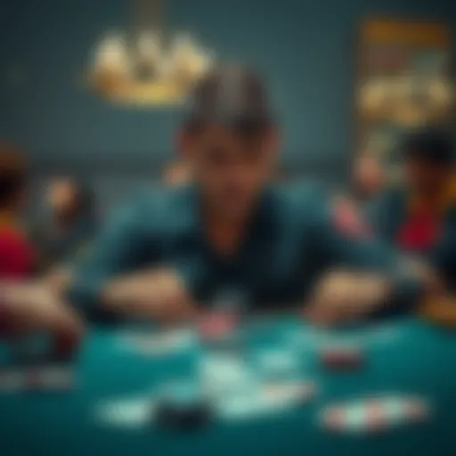A focused poker player reviewing strategies at a table with cards and chips spread out, showing determination to improve their game after losses.