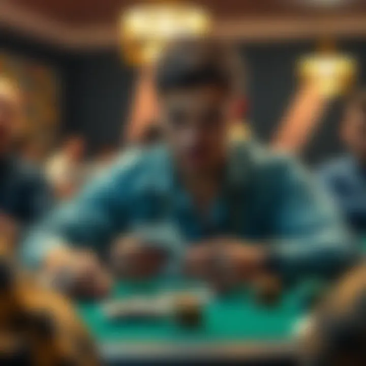A confident poker player studying his cards during a 3bet pot scenario, focused on the game with opponents in the background.