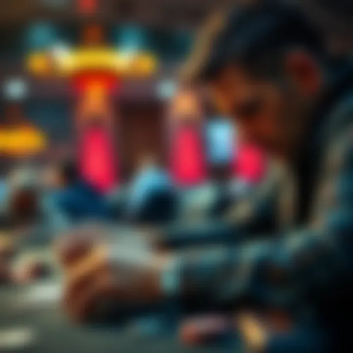 A poker player analyzing cards and chips during a game, focused on tripling bets in micro stakes.