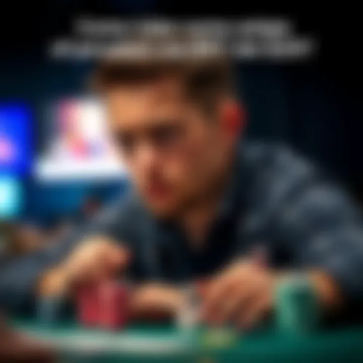 A poker player with a focused expression, looking at a stack of poker chips and cards on the table, reflecting on recent losses in tournaments.