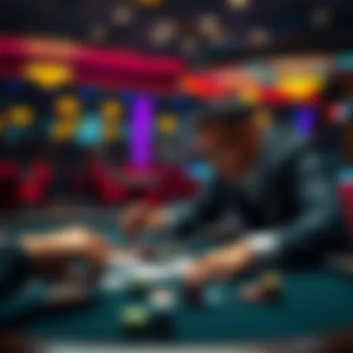 A focused poker player analyzing cards and betting patterns at a table, with chips and cards in front of them