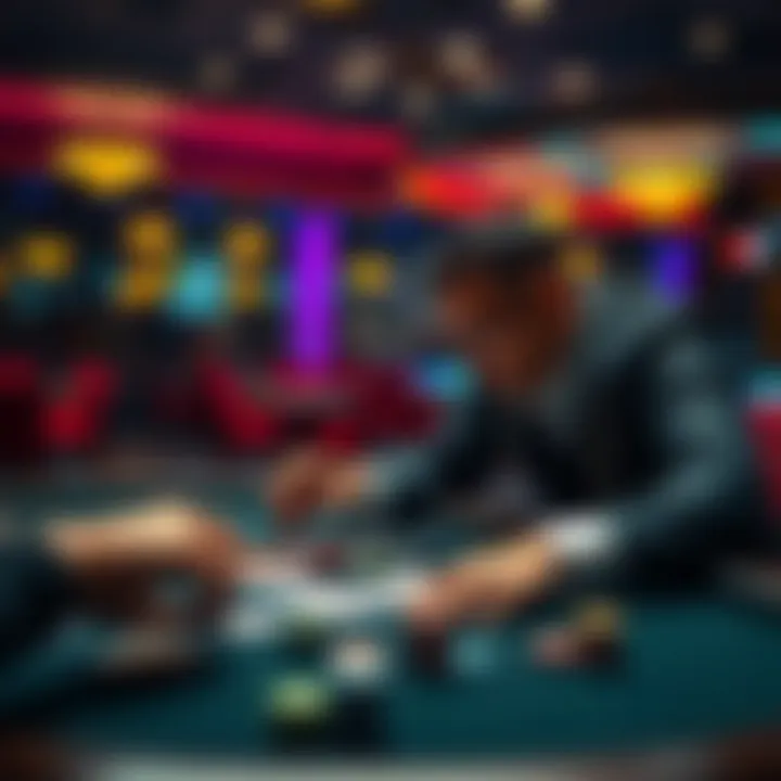 A focused poker player analyzing cards and betting patterns at a table, with chips and cards in front of them
