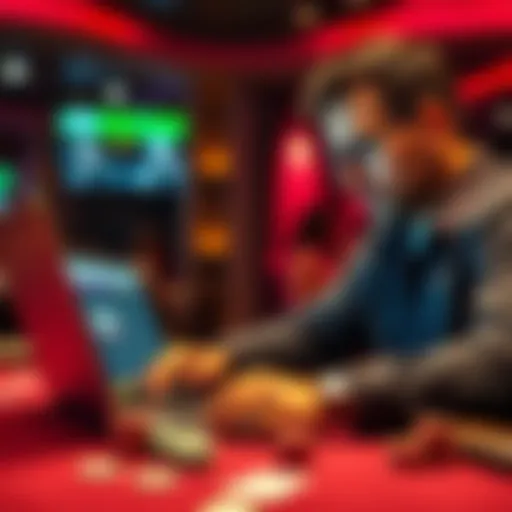 A focused poker player reviewing hands and strategies on a laptop, with poker chips and cards on the table