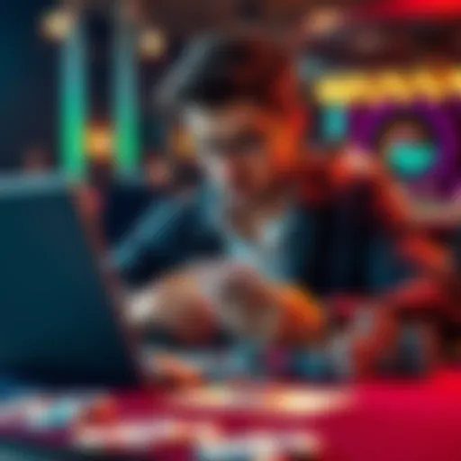 A focused poker player studying strategies on a laptop, surrounded by poker chips and cards.