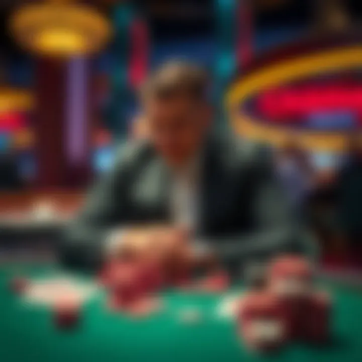 A professional poker player sitting at a table with poker chips, looking frustrated after being banned from a casino.