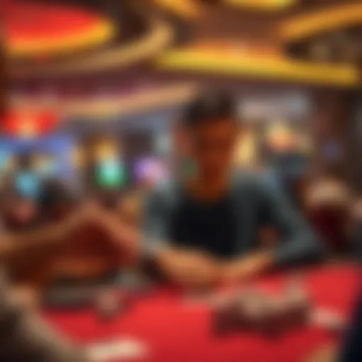 A young man assists a poker player with a disability at a casino table, showing a moment of support and teamwork.