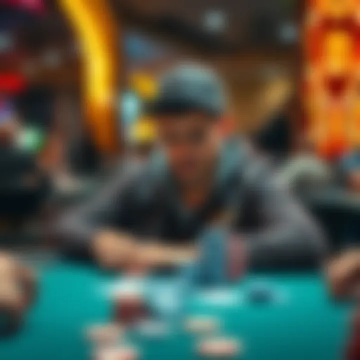 A focused casual poker player sitting at a table with cards and chips, analyzing his game strategy during a tournament.