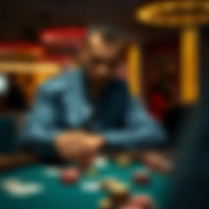 A poker player focused on the game with cards and chips in front of him at a No Limit Texas Hold'em table.