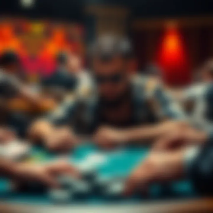 A focused poker player analyzing cards at a table, surrounded by chips and other players, showcasing determination and strategy.