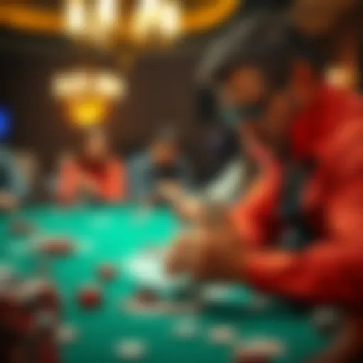 Poker Player at a Table A focused poker player examines their cards at a casino table, surrounded by chips and other players, showcasing concentration and strategy.
