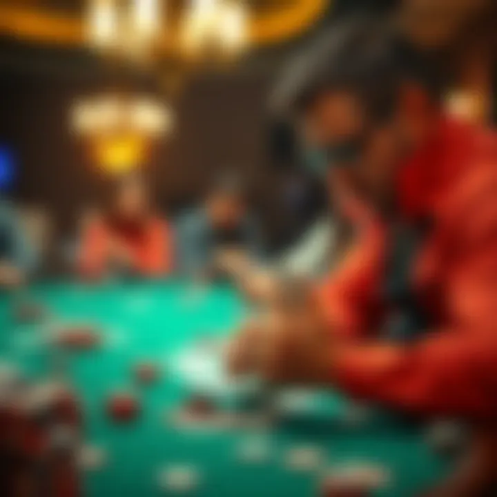 Poker Player at a Table A focused poker player examines their cards at a casino table, surrounded by chips and other players, showcasing concentration and strategy.