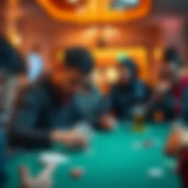 A person focused on poker cards at a crowded table, with friends laughing behind them
