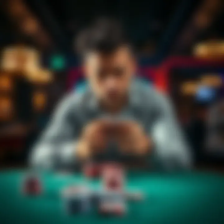 A focused poker player holding cards at a casino table with chips in front