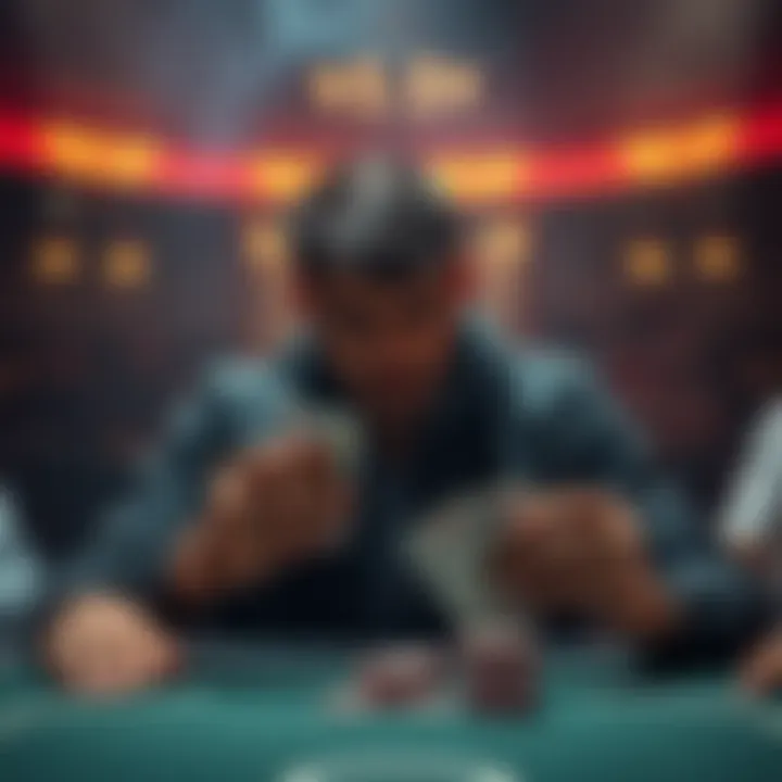 Poker player in a tense situation A poker player looking concerned while holding his cards, contemplating whether to fold or continue betting amidst a competitive game.