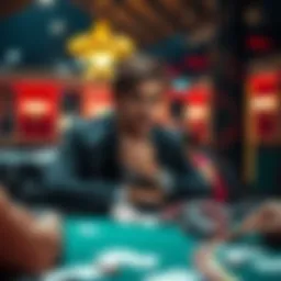 A poker player sitting at a table, looking pensive as they consider whether to continue playing or stop, with cards and chips scattered around them