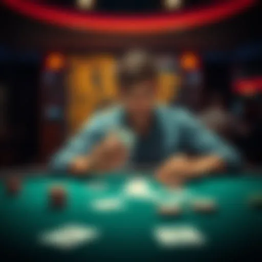 A poker player appears thoughtful while looking at their cards and the community cards on the table, indicating a tense moment in the game.