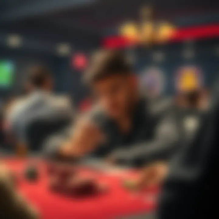 A contemplative poker player sits at a table, examining their cards with a focused expression, surrounded by chips and other players.