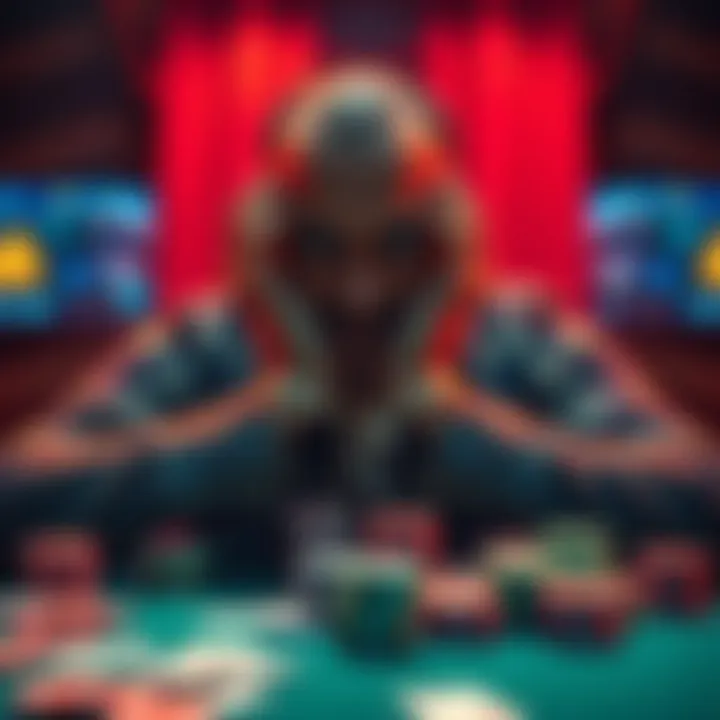A shocked poker player with hands tied, surrounded by poker chips and cards, showing signs of distress after a robbery.