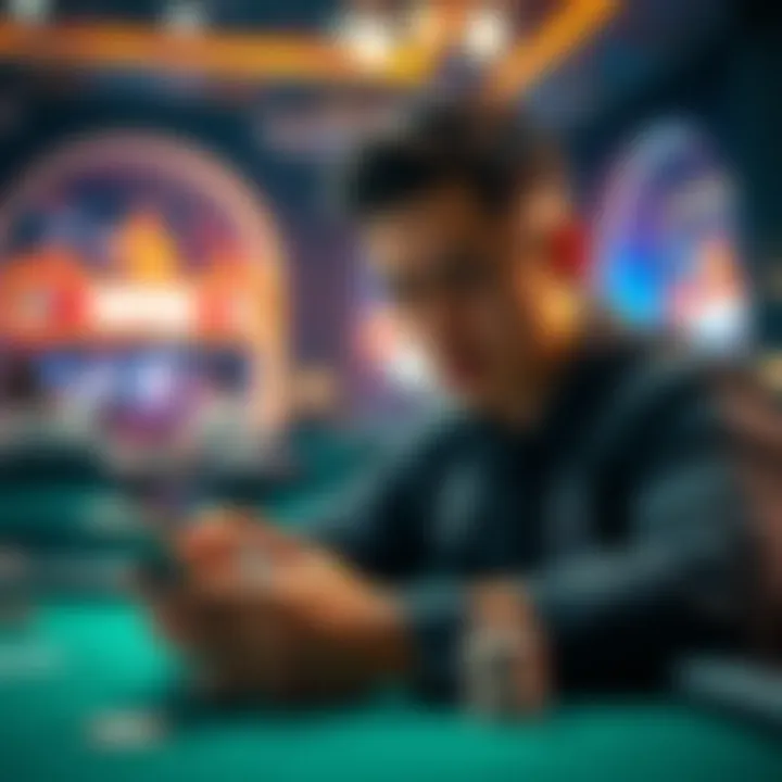 A player intensely focused on a poker game while using a tracking application on their smartphone to analyze performance and stats.