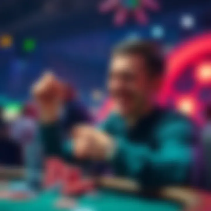 Poker player celebrating victory A poker player with a stack of chips smiling after winning a tournament, showing excitement and relief